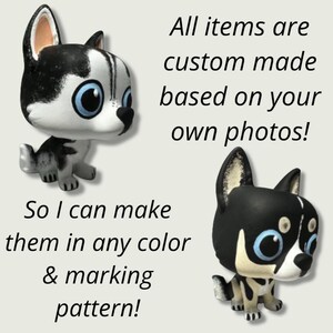 May include: Two custom-made figurines of dogs, one black and white and one black with white markings. The figurines are based on customer photos and can be made in any color and marking pattern. "All items are custom made based on your own photos! So I can make them in any color & marking pattern!"