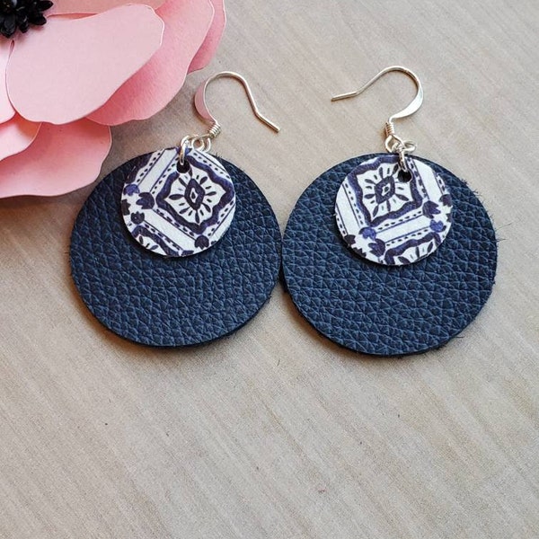 Genuine and Faux Leather Earrings, Leather Earrings, Drop Earrings, Dangle Earrings, Genuine Leather Earrings, Navy Blue Earrings, Gift