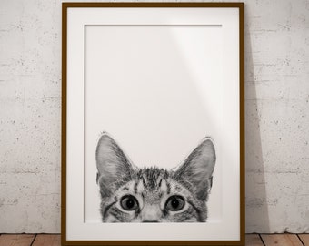 Printable Cat Wall Art - Peeking Cat Art Print - Funny Cat Wall Art - Nursery Decor - Black And White Cat - Kitty Print - Funny Art Print