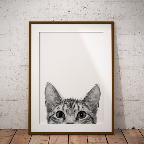 Printable Cat Wall Art - Peeking Cat Art Print - Funny Cat Wall Art - Nursery Decor - Black And White Cat - Kitty Print - Funny Art Print