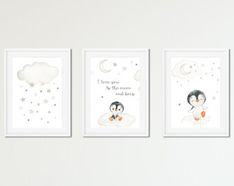 Penguin prints, penguin, cute penguin, love you to the moon and back, kids room decor, neutral gender, wall art, watercolor, digital art