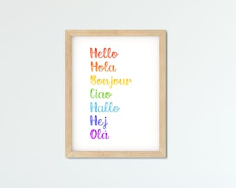 Hello Poster, Hello in seven languages, color wall art, rainbow printable, colorful decor.