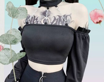 black long sleeve halter top