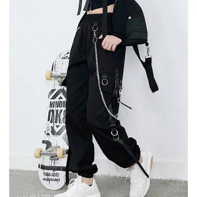 Image of Gothic Chained Cargo Pants - Black & Military Green Combat Trousers With A Long Chain