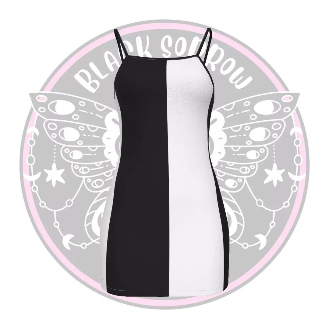 Split Color Half and Half Mini Dress, Contrast Black White Two Tone ...