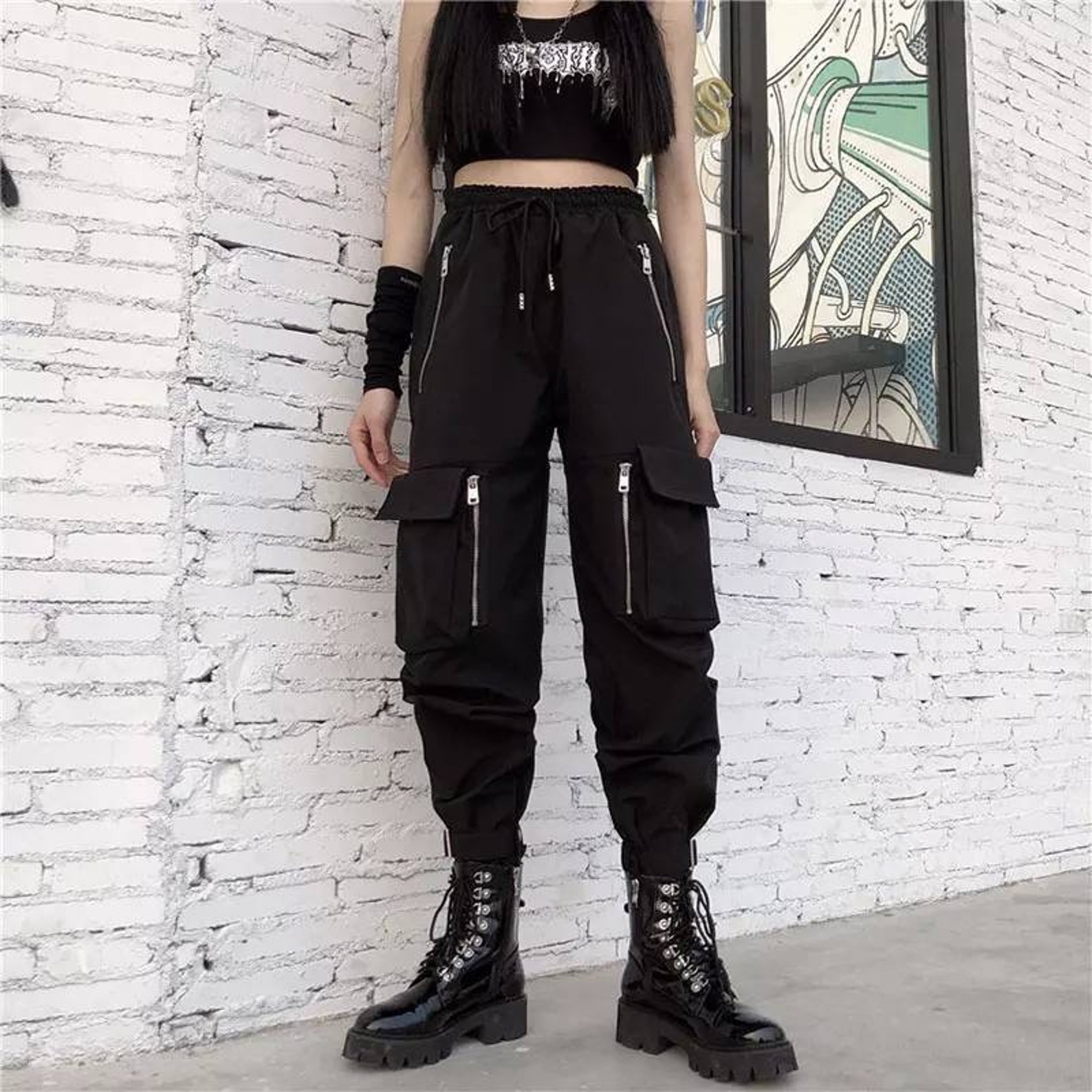 High waist black cargo pants gothic style cargo trousers alt | Etsy