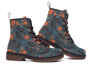 Vintage Style Women's Boots, Crow and Autumn Leaves Pattern, Trendy Fall Footwear