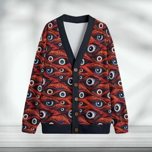 Eyeball Horror Unisex Cardigan, Gruesome Graphic Print, Knitted Sweater, Halloween Fashion