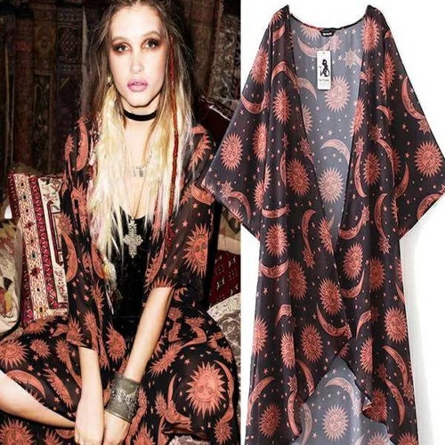 Womens loose baggy shawl cape - moon and stars thin material chiffon shawl cape robe