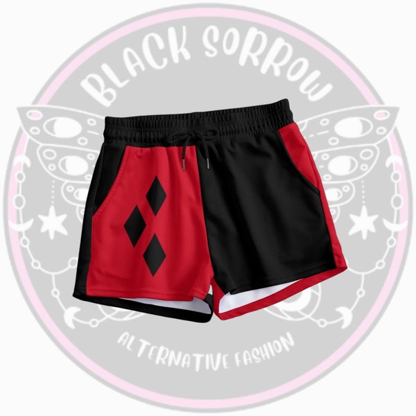 Harlequin Split leg shorts, jester diamond shorts, two tone shorts, contrast shorts