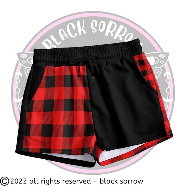 Black and red punk plaid shorts half and half contrast short pants, summer goth clothing, upto 2XL