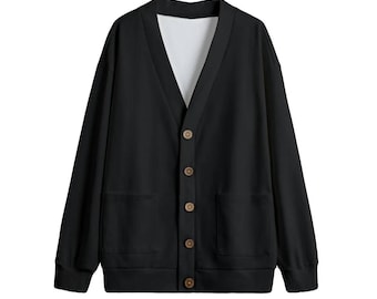 Solid black fleece cardigan, button up cardigan