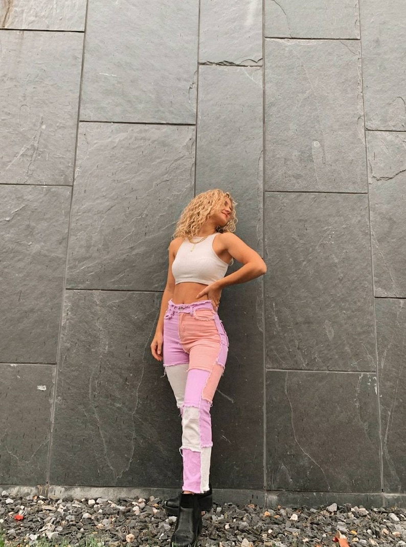 Pastel patchwork ripped denim jeans pastel pink purple and Etsy