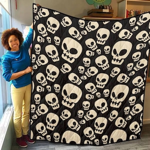 Skull print quilted blanket, quilted throw, goth home decor bedding