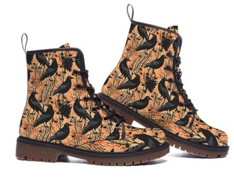 Crow Print Womens Boots, Orange Autumn Footwear, Halloween Fashion, Unique Gift