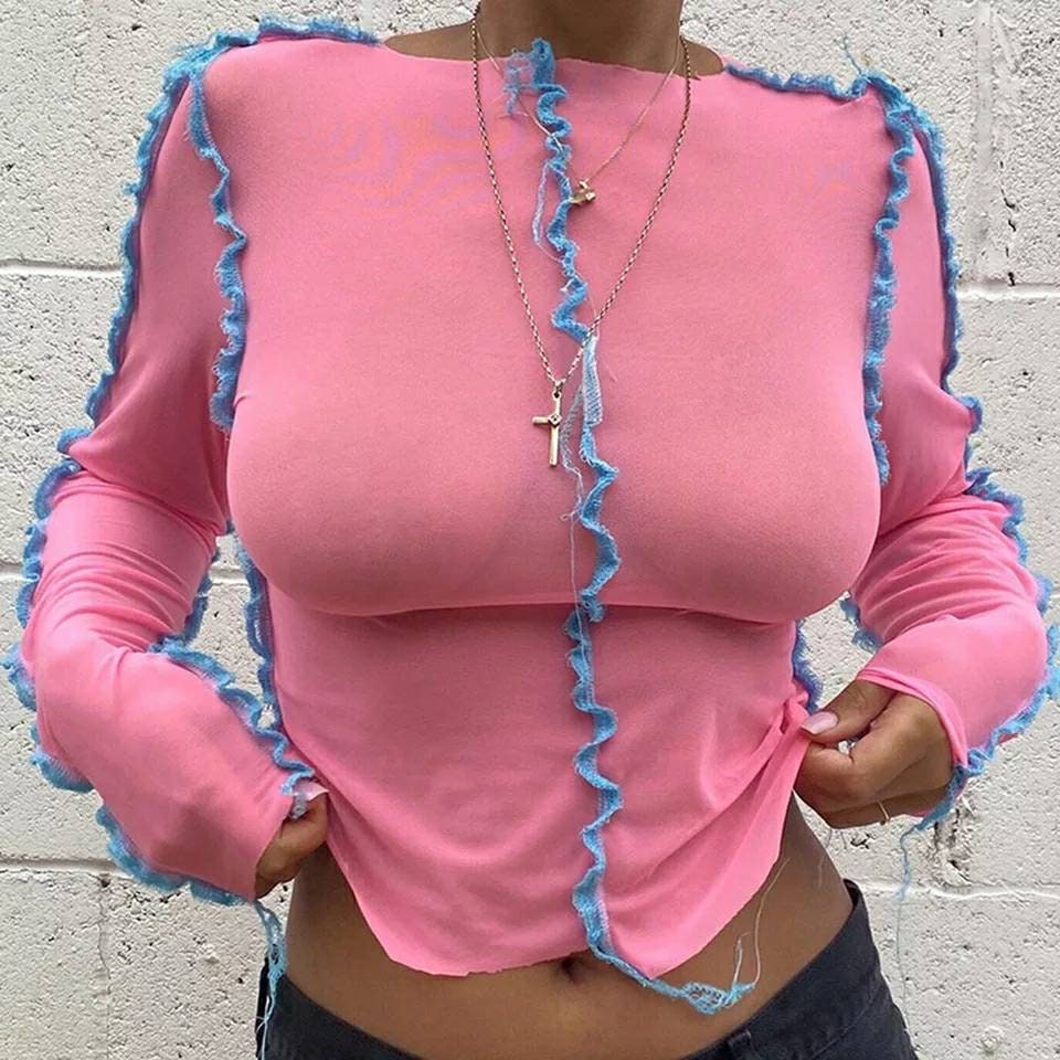 Image of Long Sleeve Pastel Pink Patchwork Mesh T-Shirt
