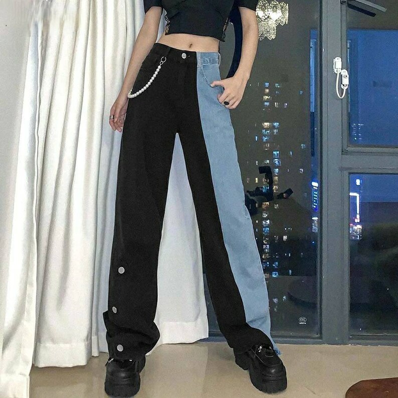 Women's Two Tone contrast baggy jeans half and half Etsy