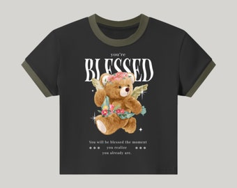 Black Ringer crop top, blessed Teddy bear fitted cropped t-shirt