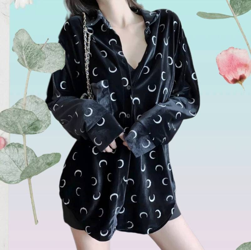 Women's oversized velvet dark black crescent moon pattern shirt. …