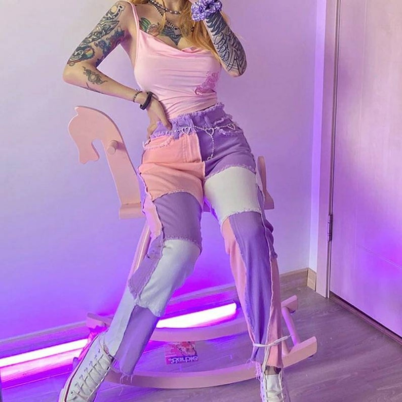 Pastel patchwork ripped denim jeans pastel pink trousers Etsy