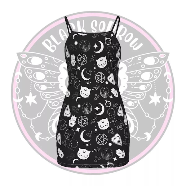 Plus size witchy dress, witch bodycon mini dress, camis dress, witches repeat pattern allover dress L - 4XL