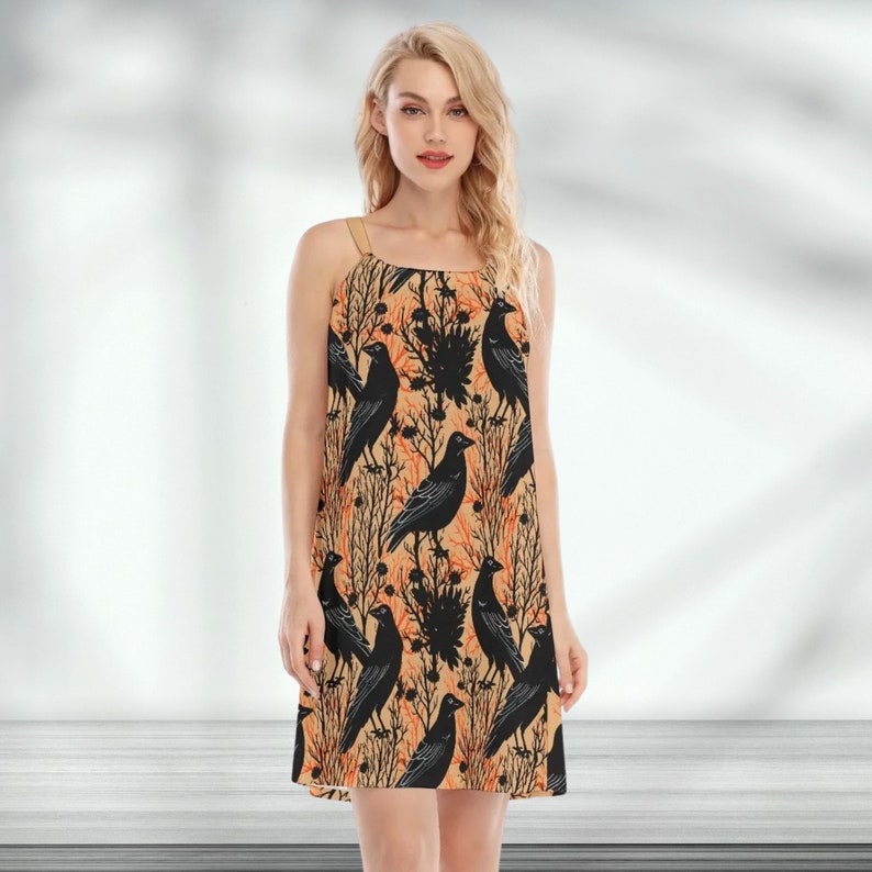 Orange Crow Print Dress, Boho Dress, Summer Dress, Floral Patterned, Lightweight, Women's Fashion image 3