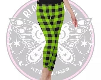 Lime green plaid leggings, patchwork tartan punk leggings sizes XS - 4XL