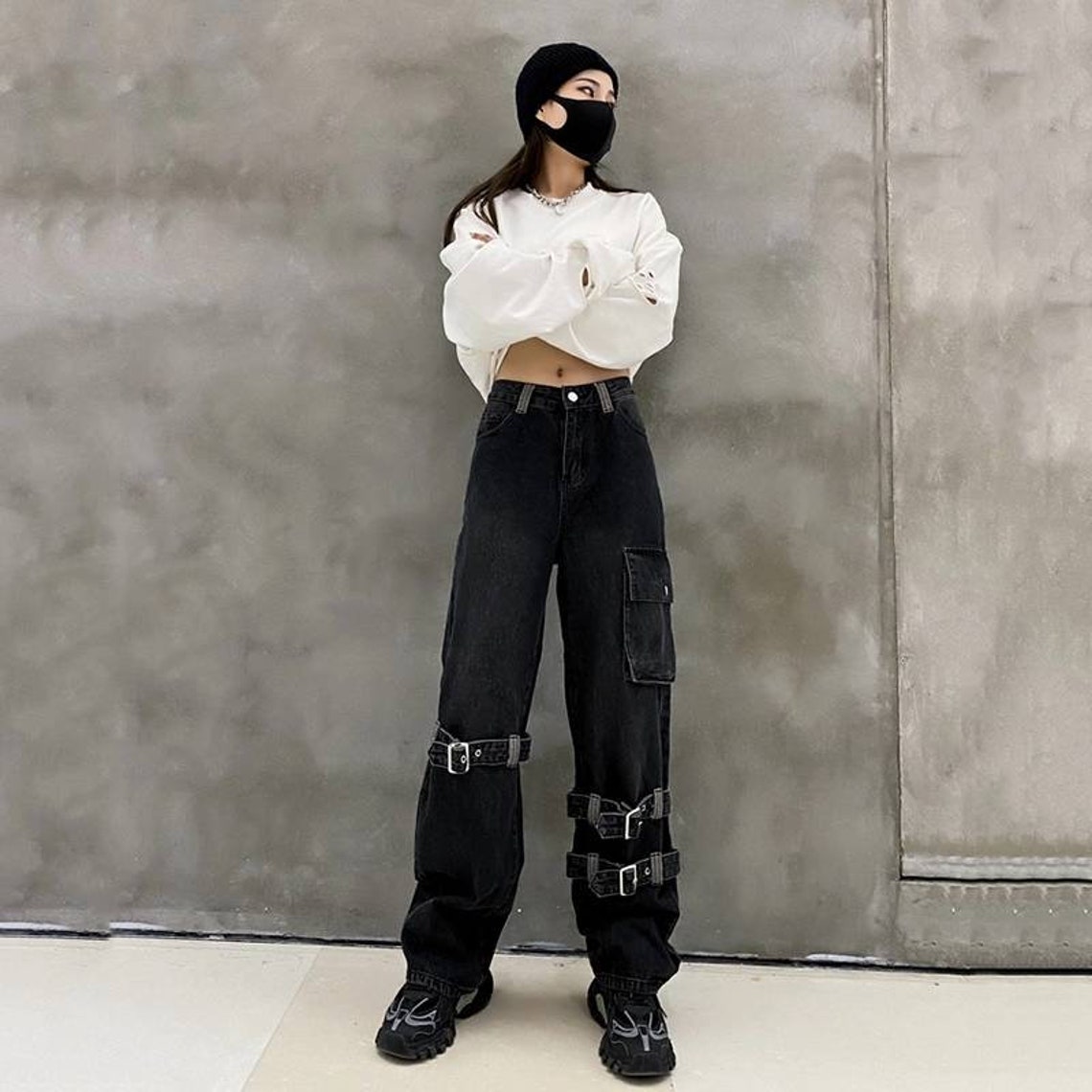 Womens black baggy cargo pants grunge goth high waist denim Etsy