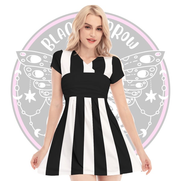 Layered V-neck Short Sleeve Dress, black and white vertical stripe dress, beetlejuice style mini dress