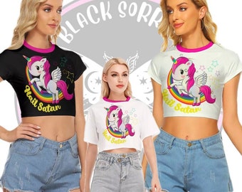 Hail Satan crop top, demonic cute unicorn rainbow tshirt, Kawaii clothing, pastel goth cropped tshirt, cutsie dark fashion