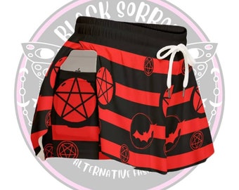 Striped goth skorts with pocket, sports cullotes, skirt with under shorts, striped emo skorts, punk tennis skirt, witchy skorts