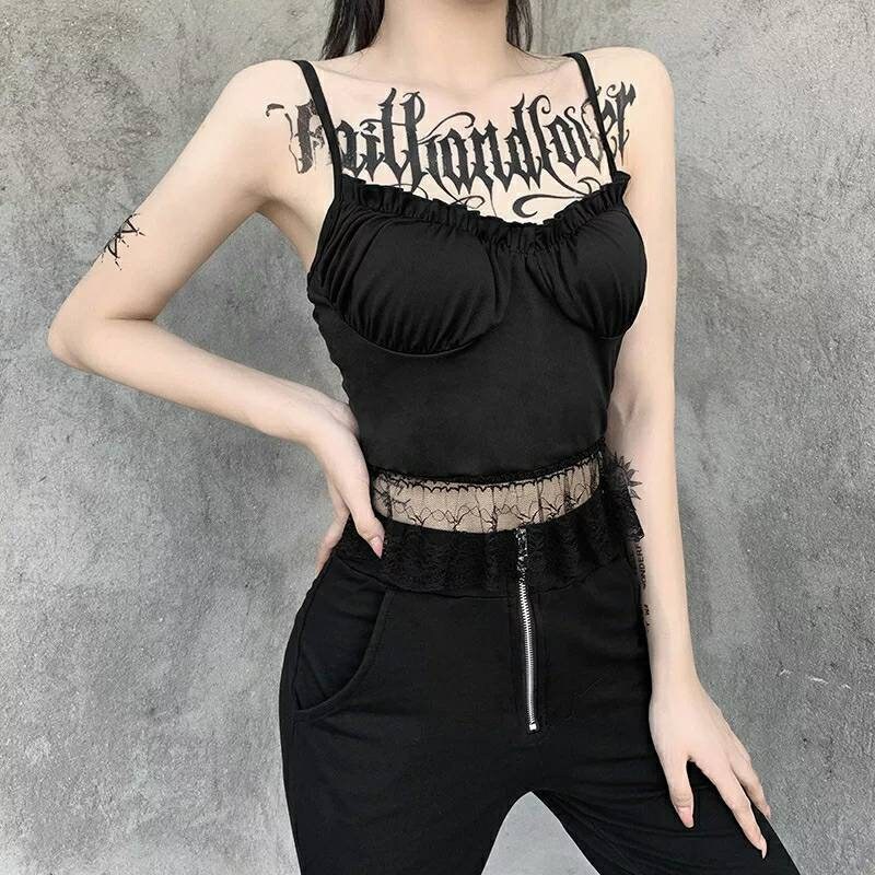 Image of Goth Black Spaghetti Strap Lace Frill Crop Top - Cropped Tank