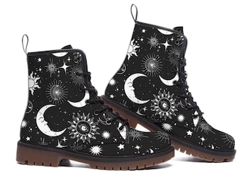 Black and White Celestial Moon Women's Boots, Lunar Pattern, Galaxy Theme