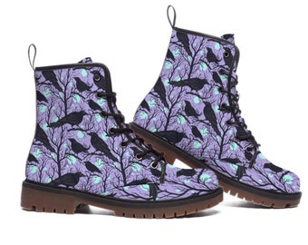 Gothic Crow Purple Womens Boots, Raven Black Boots, Edgy Halloween Shoes, Alternative Footwear