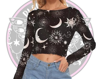 Maan en ster top, hemelse mesh crop top, constellatie shirt, gothic crop en tube tops, kristallen maan tshirt