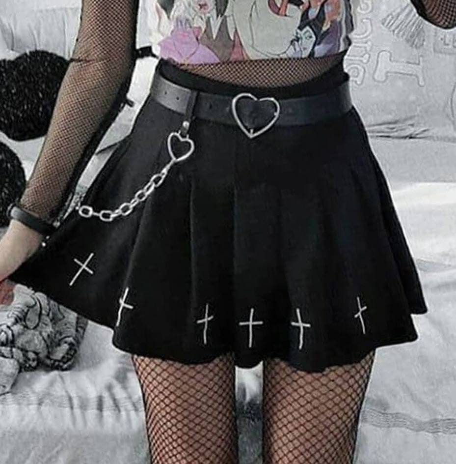 Image of High Waist Pleated Gothic Muni Skirt With Attached Under Shorts - Embrouded Crucifix Skater