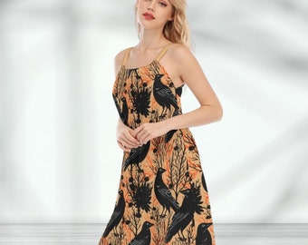 Orange Crow Print Dress, Boho Dress, Summer Dress, Floral Patterned, Lightweight, Women's Fashion
