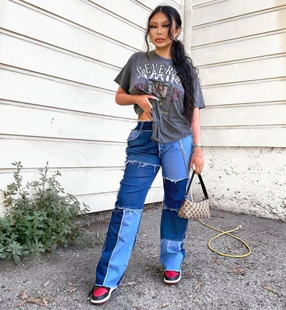 patchwork ripped jeans