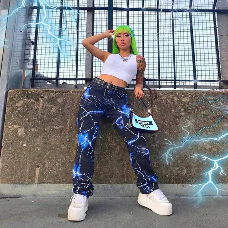 Image of Lightning Bolt Trousers, Women's Electric All Over Print Pants, Punk Gothic Trousers Alternative Style