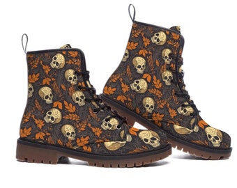 Autumnal Skull Pattern Womens Ankle Boots, Skull Print Booties, Fall Fashion Footwear, Trendy Halloween Shoes