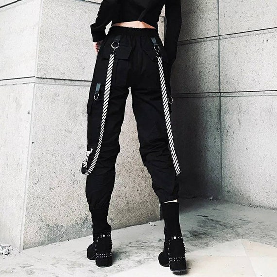 Black gothic cargo pants with black and white stiped straps | Etsy