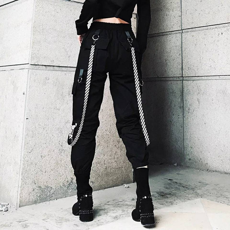 black cargo pants with white stitching