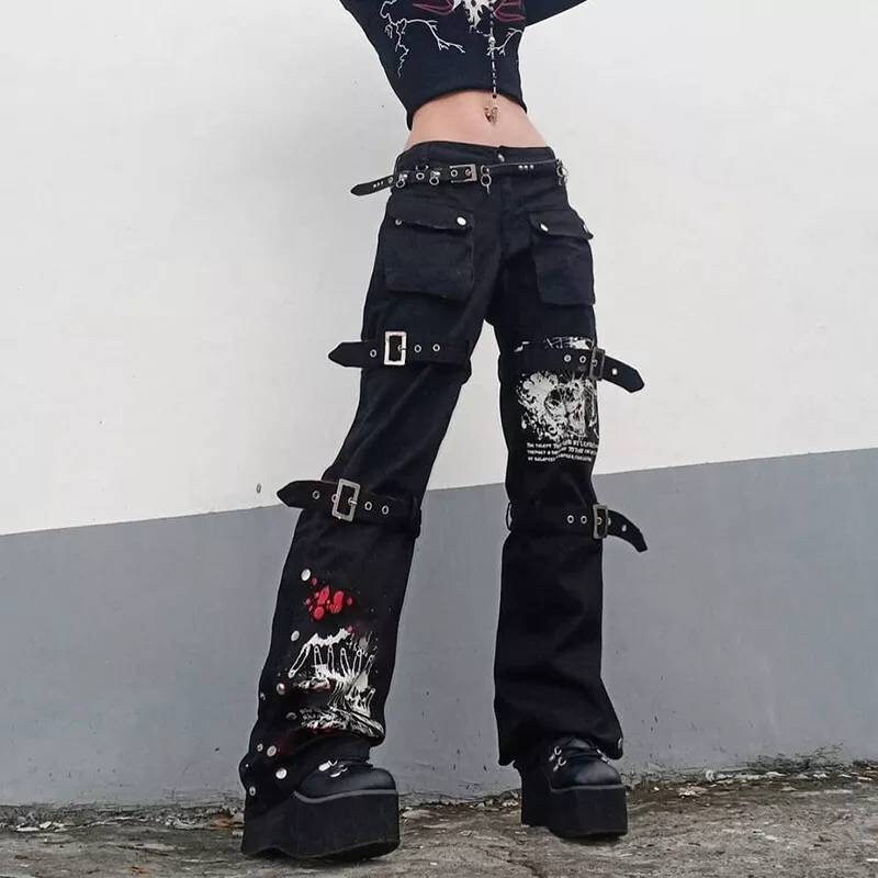 Devil Fashion Women's Black Gothic Punk Pants with Detachable Pentagram  Harness Belt Garters 