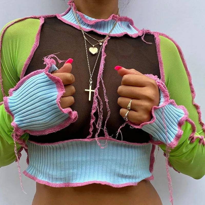 Image of Long Sleeve Distressed Black & Green Patchwork Mesh T-Shirt