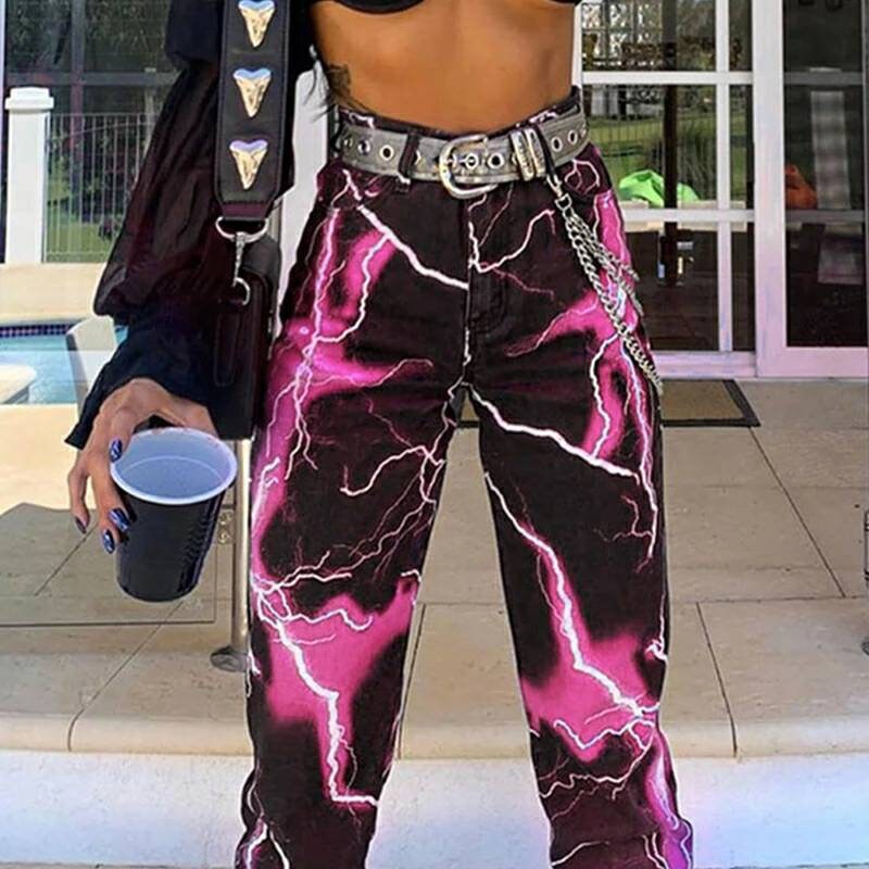 Image of Lightning Bolt Trousers, Women's Electric All Over Print Pants, Punk Gothic Trousers Alternative Style, Pink Green, Purple Styles