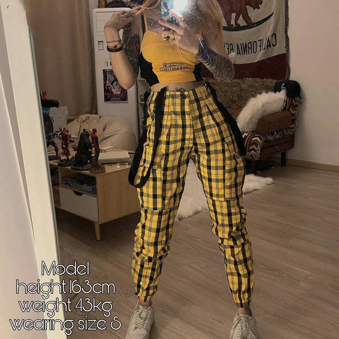 Image of Yellow Tartan Cargo Pants, Plaid Combat Trousers - Jeans With Braces