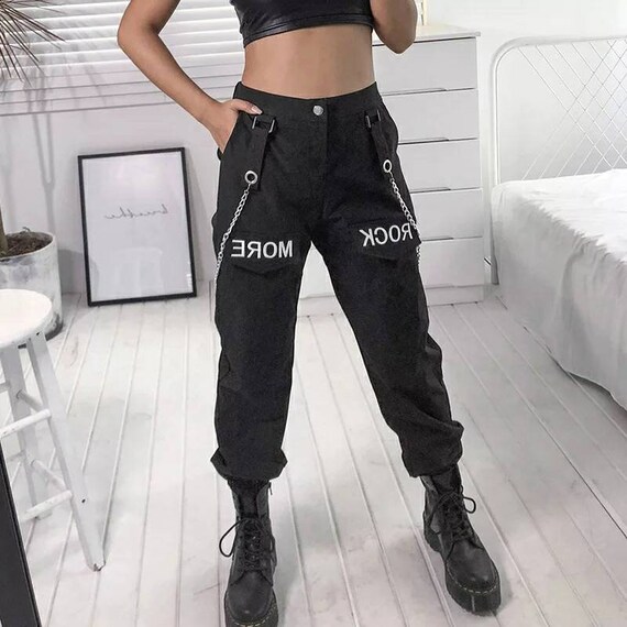 Womens black double chained cargo pants with front leg pockets | Etsy