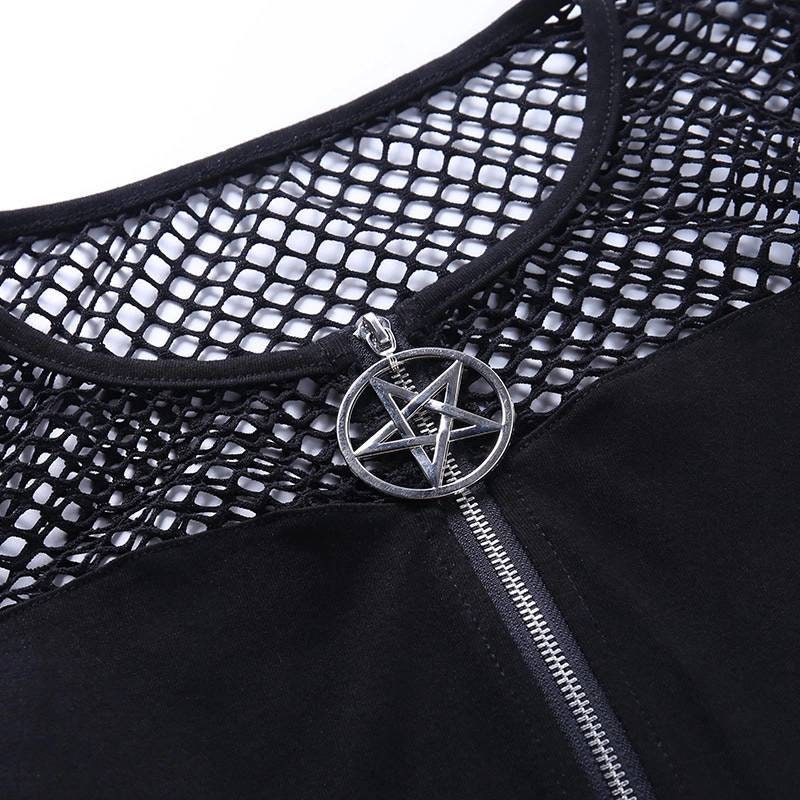 Long sleeve fishnet crop top gothic black zip up cropped top | Etsy