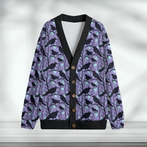 Gothic Crow Pattern Unisex Cardigan, purple Knit Sweater, Dark Raven Design, Gothic Clothing, Alternative Fashion