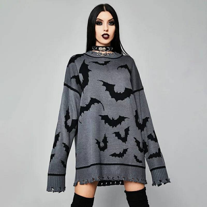 Image of Gothic Oversized Close Knitted Ripped Hem Bat Print Jumper